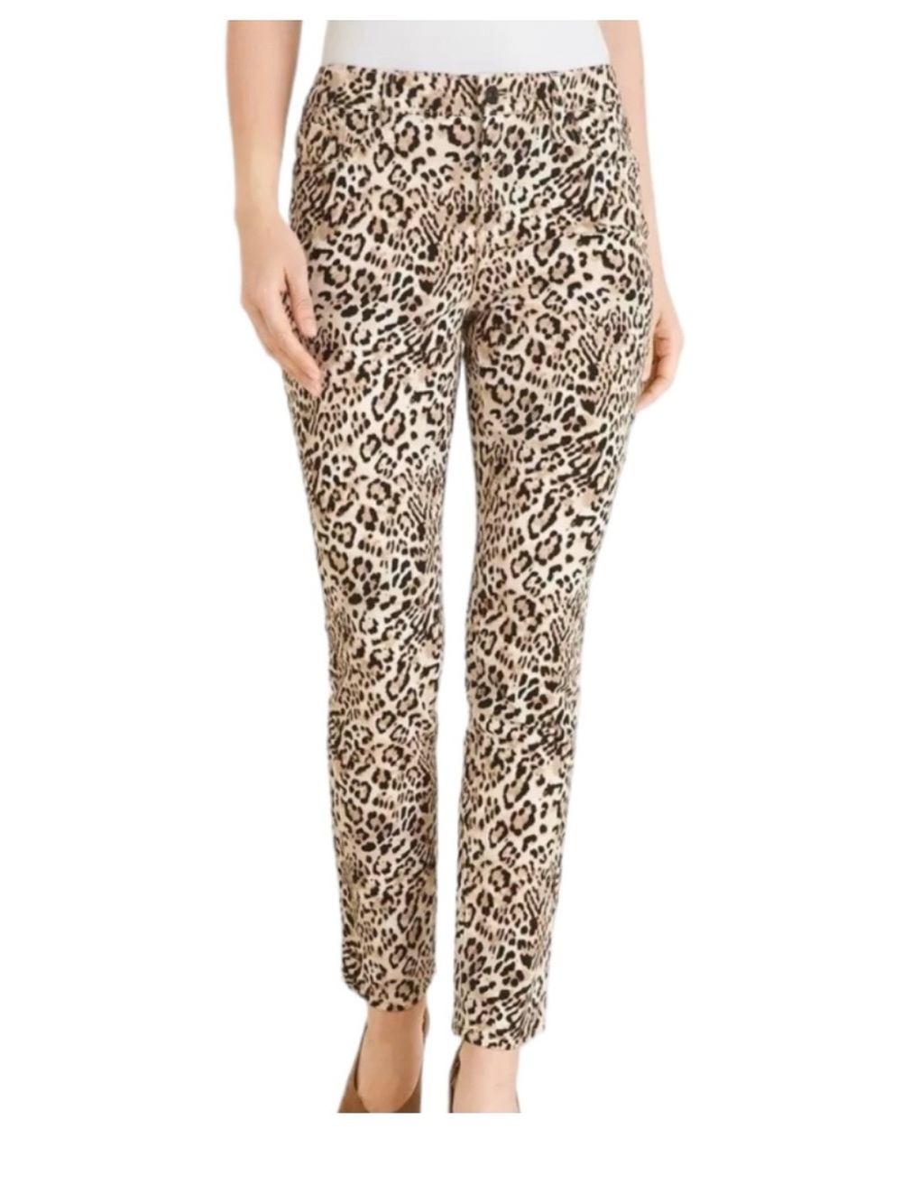 CHICOS Sz 2 So Slimming Girlfriend Slim Leg Ankle Jeans Leopard Print EUC Fun!